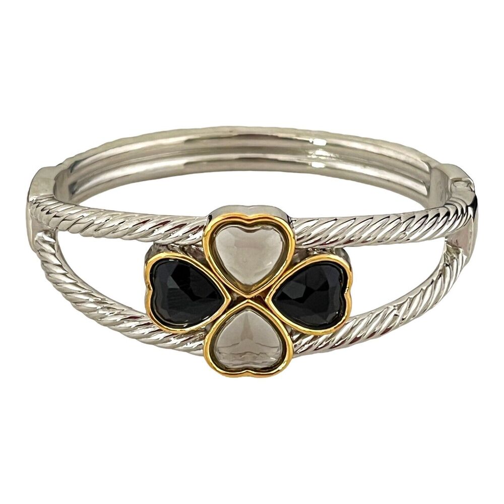 New Cable Cuff Bracelet Shamrock Heart Silver Tone Glass Hearts - 4C